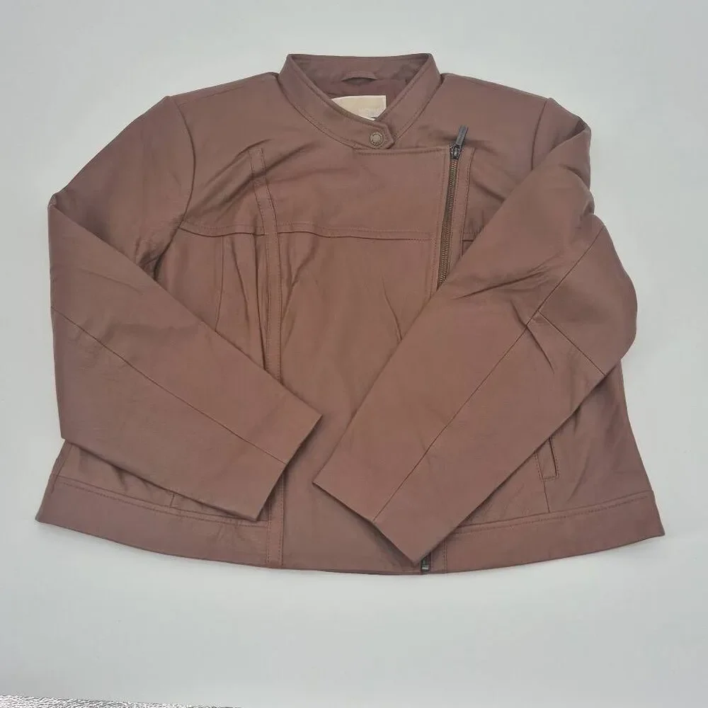 Michael Kors Women's Plus 2X Brown Leather Moto Jacket